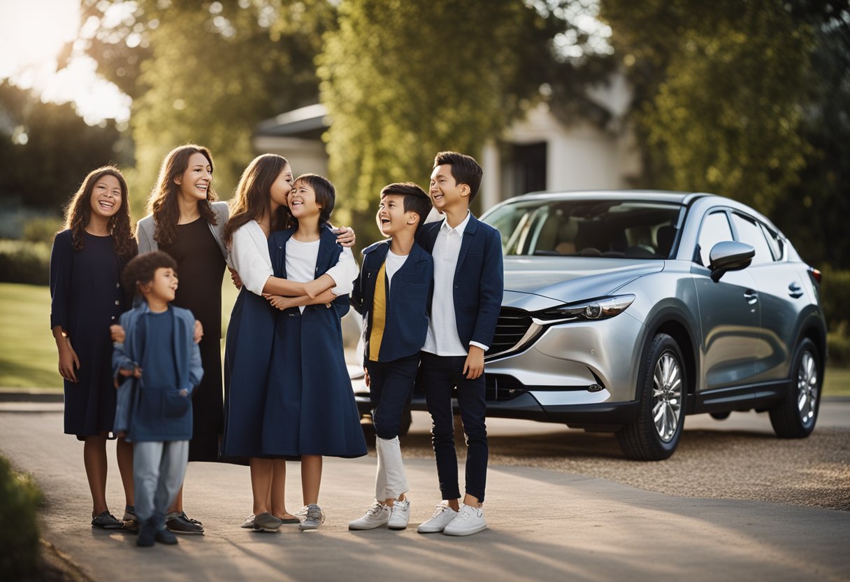 A family standing proudly next to their Mazda car, with a joyful expression on their faces