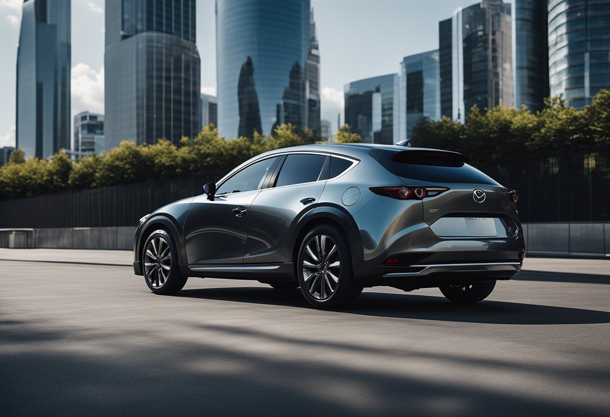 A sleek Mazda car parked in a futuristic cityscape, with advanced technology and innovation evident in the surroundings