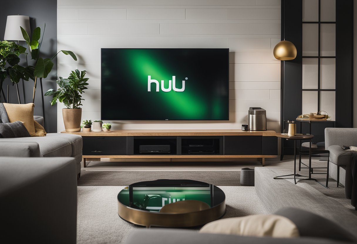 A modern living room with a large television displaying the Hulu logo on the screen. A remote control sits on the coffee table
