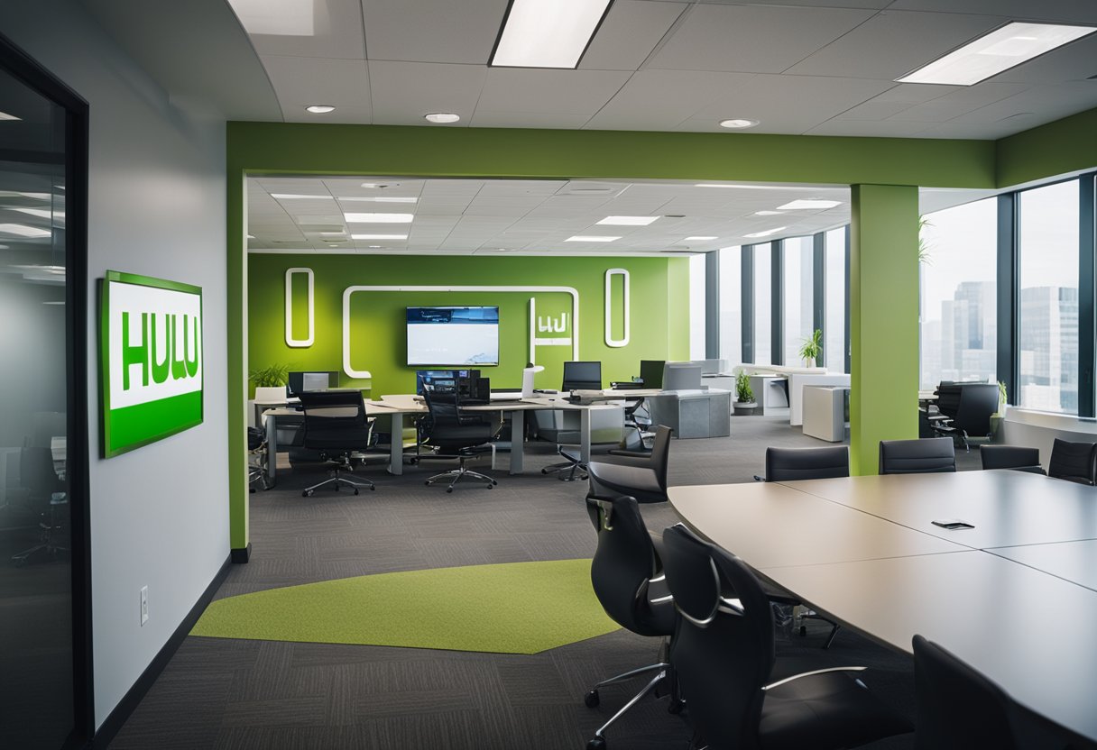 A modern office with Hulu's logo on the wall, executives discussing business strategy
