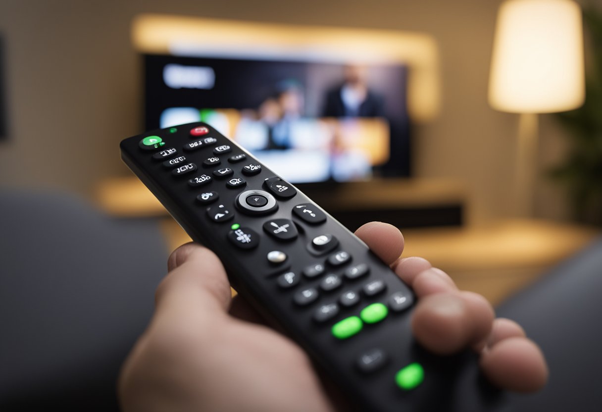 A hand holding a remote controls a TV displaying the Hulu logo