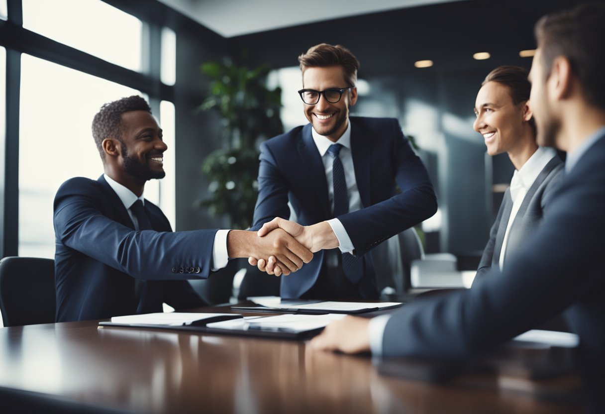 A group of business executives shaking hands in a boardroom