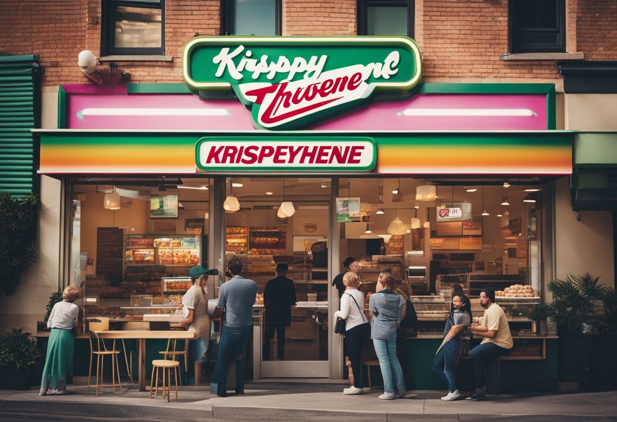 A colorful storefront with the iconic Krispy Kreme logo, surrounded by happy customers enjoying fresh donuts and hot coffee