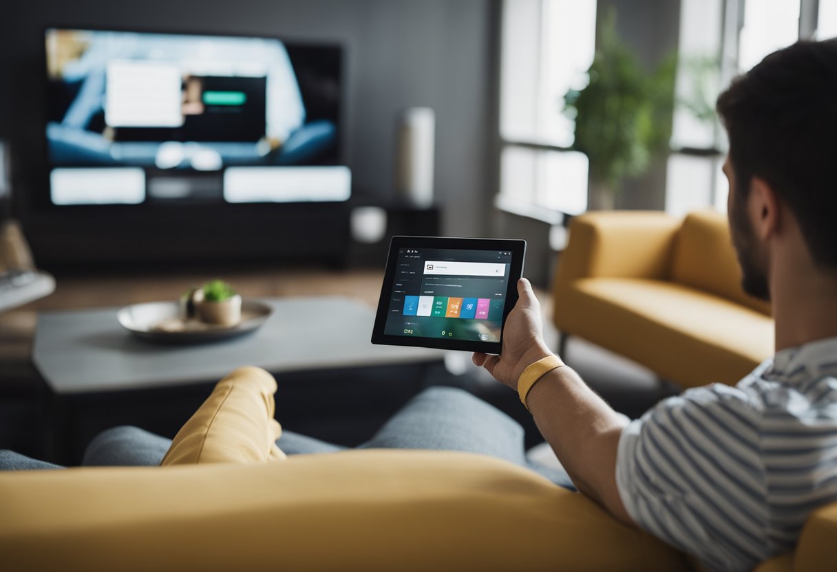 A person using a tablet to stream Hulu on a comfortable couch with a modern living room in the background