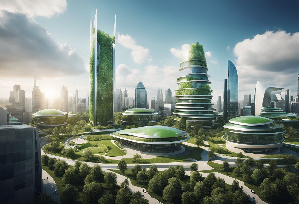 A futuristic city skyline with a prominent Hulu headquarters building, surrounded by sleek, modern architecture and expansive green spaces