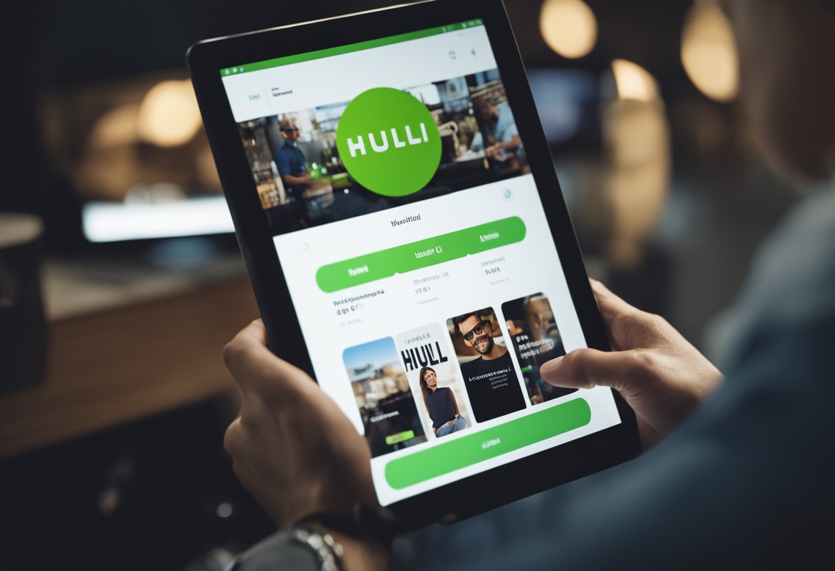 A person watching Hulu on a tablet, with a logo visible and a positive facial expression