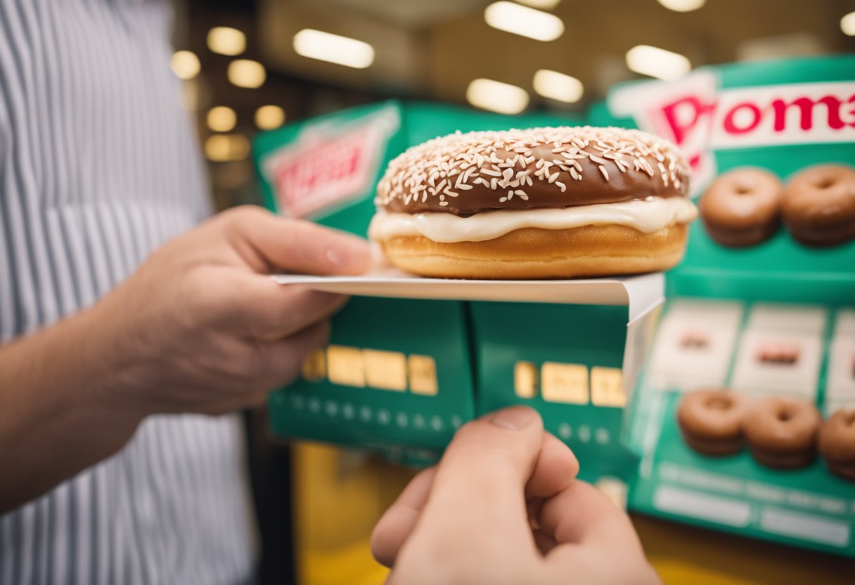 A customer receiving a loyalty card while purchasing a Krispy Kreme donut