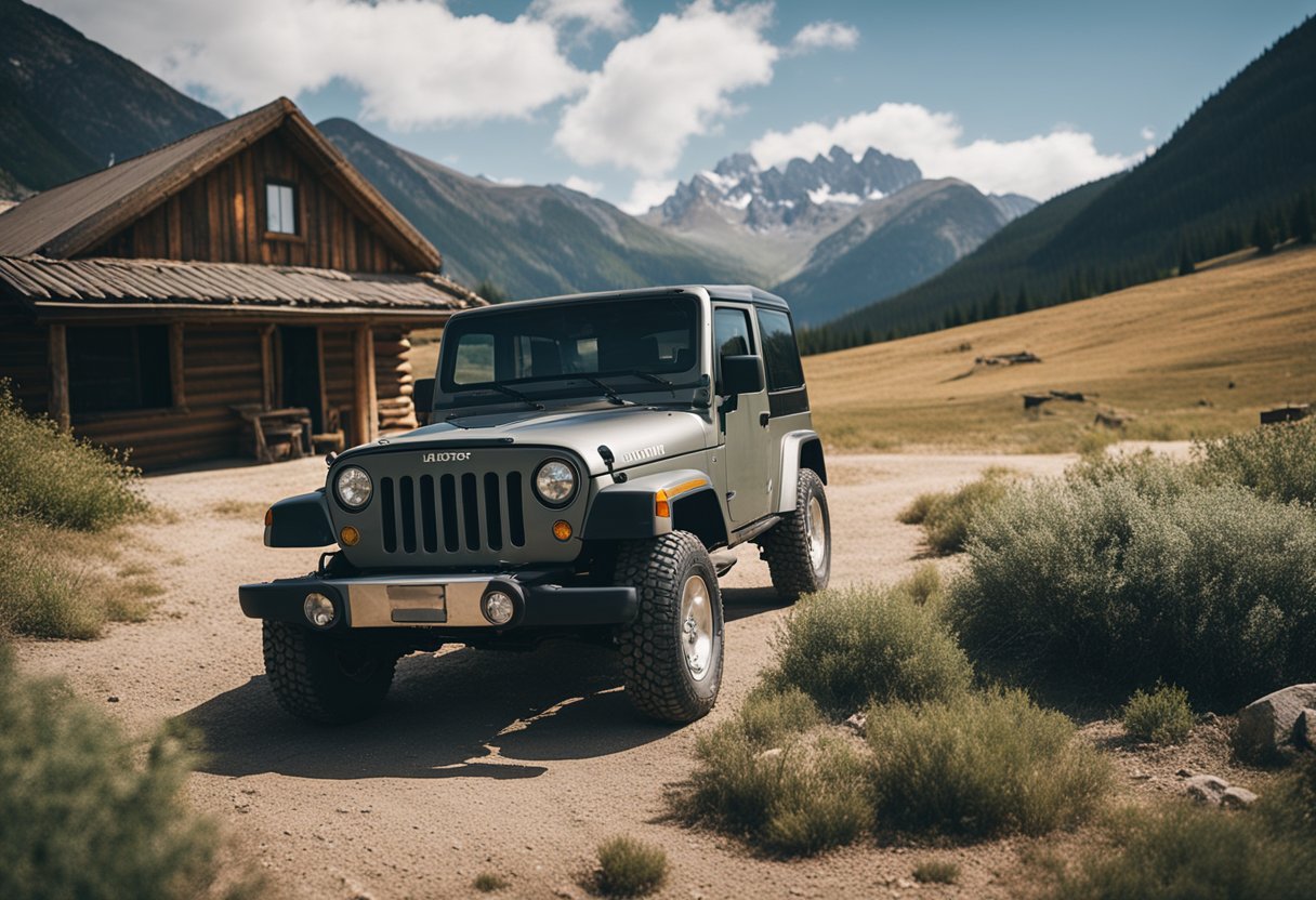 A rugged, dusty jeep parked in front of a rustic cabin in the mountains