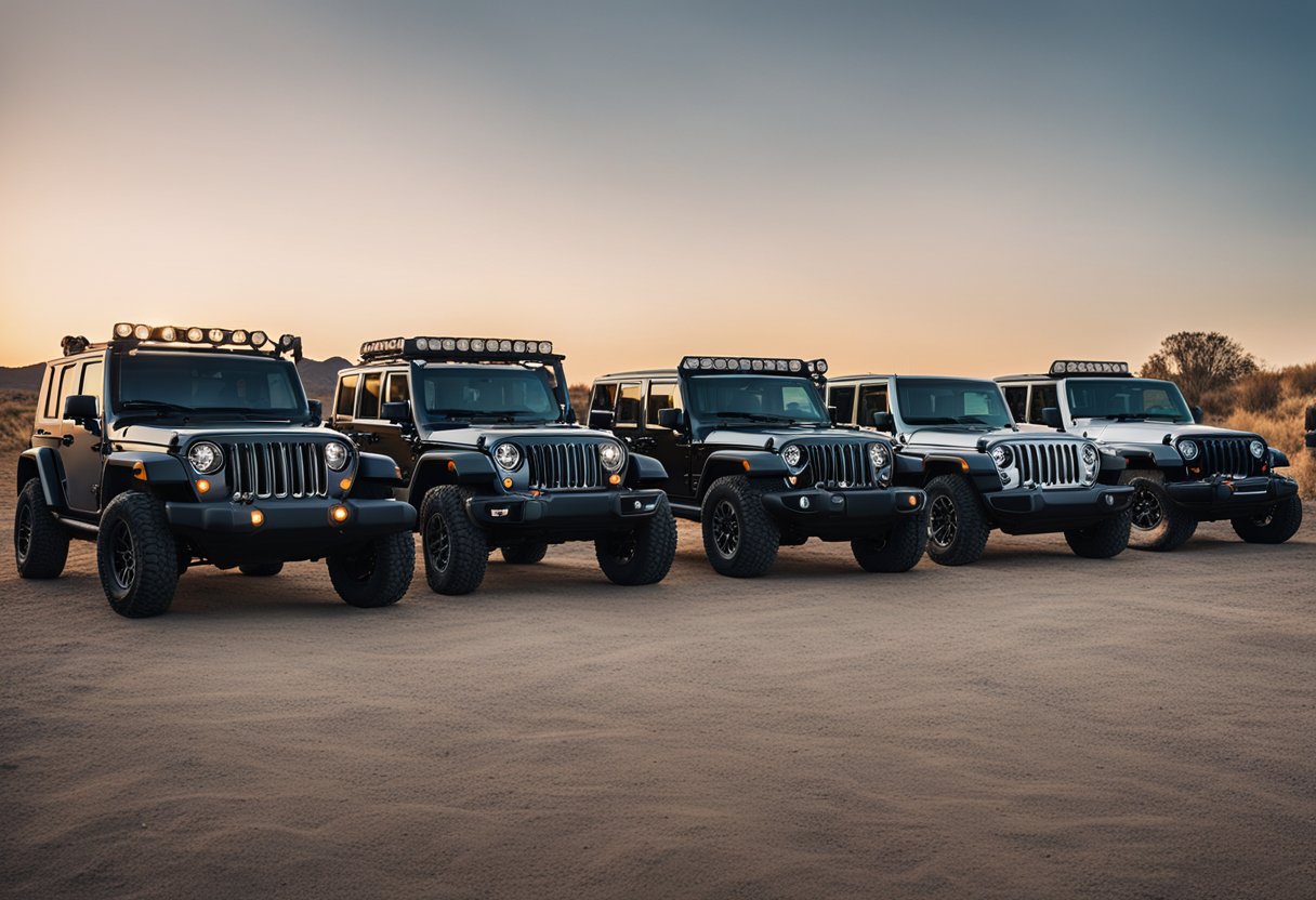 A lineup of Jeep models parked in a row, with various owners standing nearby