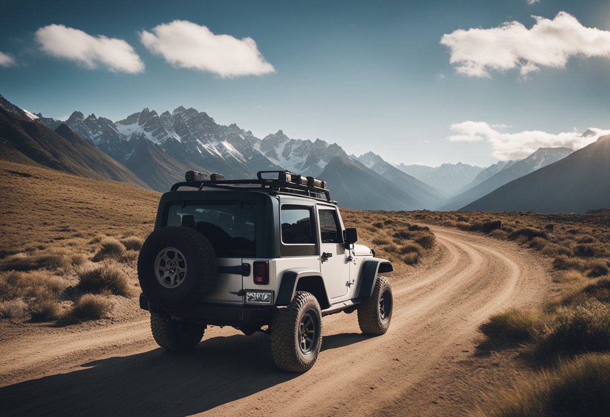 A rugged mountain landscape with a Jeep driving through rough terrain, symbolizing adventure and exploration