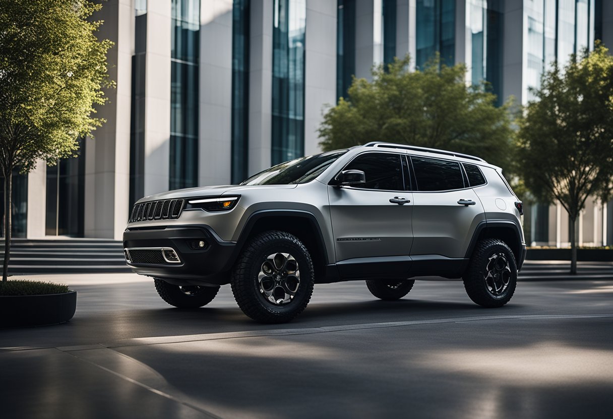 A sleek, modern jeep parked in front of a futuristic tech company headquarters, surrounded by innovative gadgets and advanced machinery