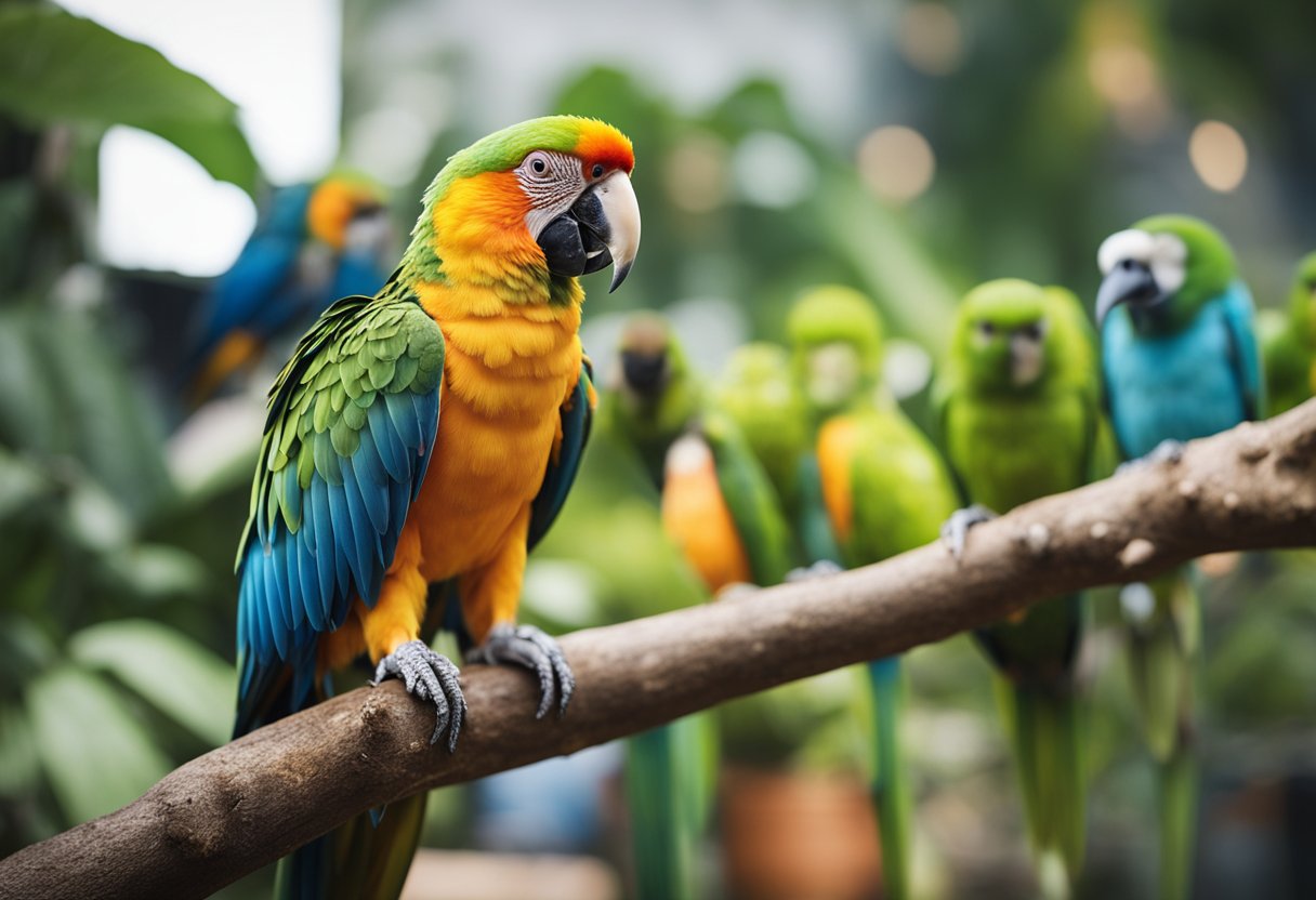 A colorful parrot perched on a branch, surrounded by various electronic devices and gadgets