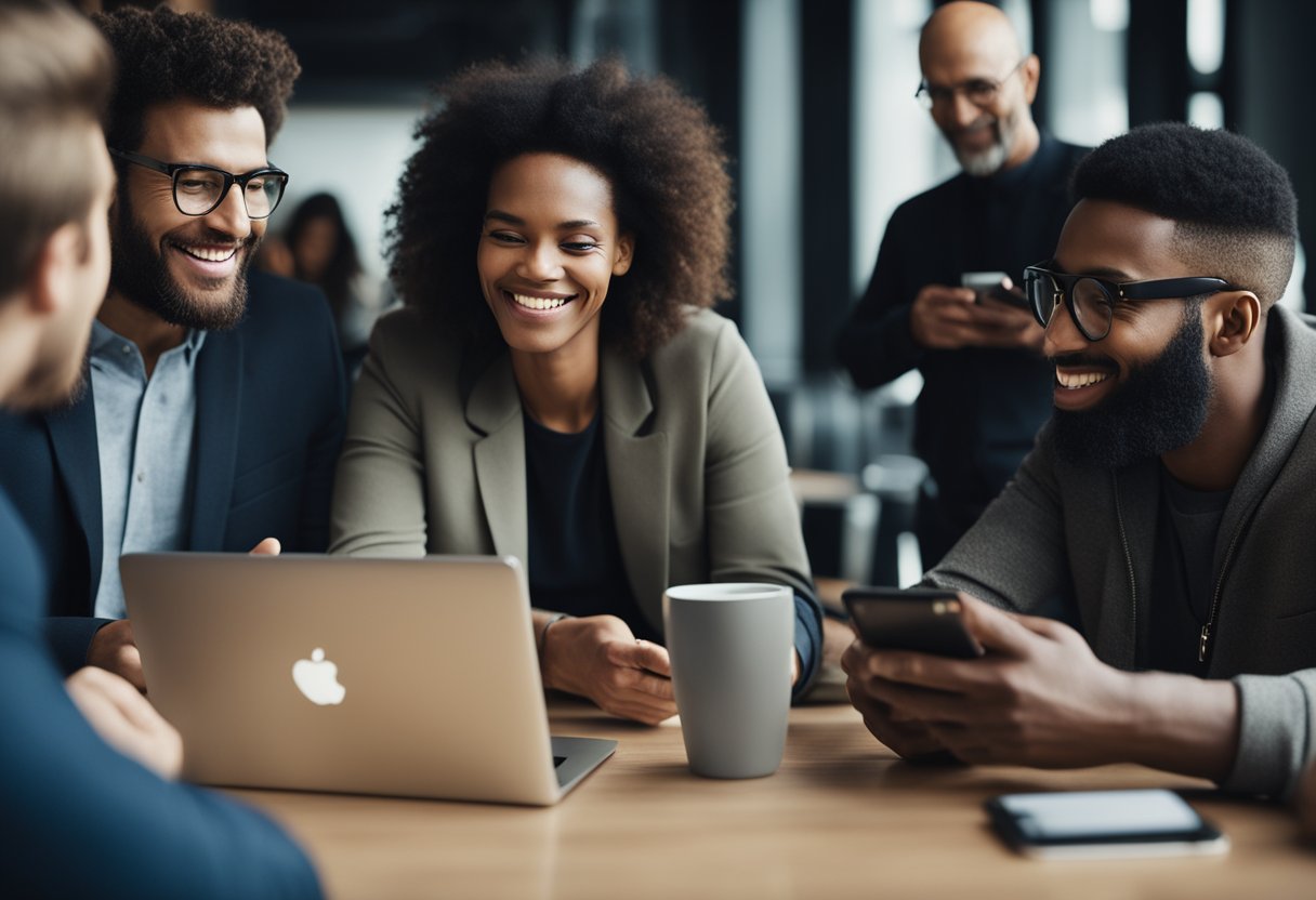 A group of diverse people using electronic devices while engaging in conversation and sharing content on a digital platform
