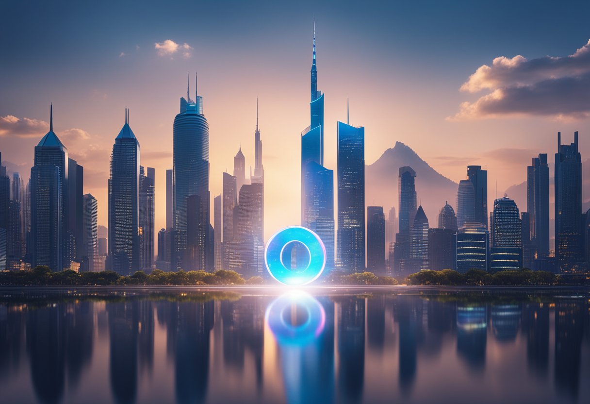 A futuristic city skyline with a holographic Discord logo hovering above the tallest building