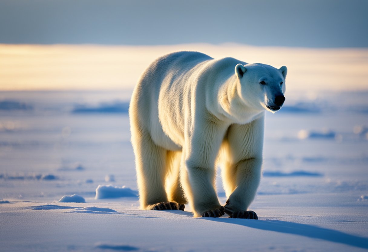 A polar bear roams the icy tundra of Greenland, its massive paw leaving tracks in the snow as it searches for food