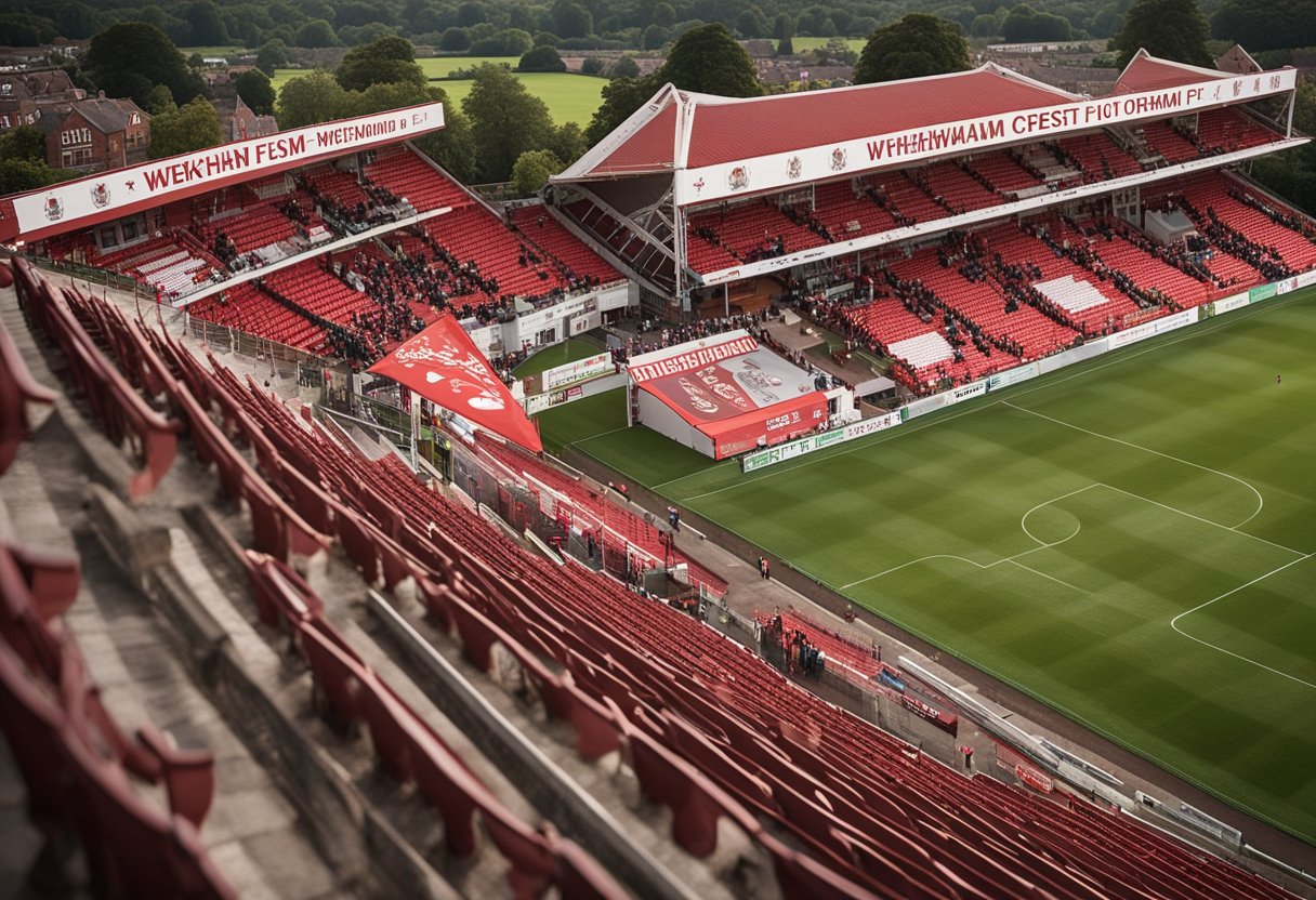 The iconic red and white crest of Wrexham FC is proudly displayed atop the historic Racecourse Ground, surrounded by images of past victories and legendary players