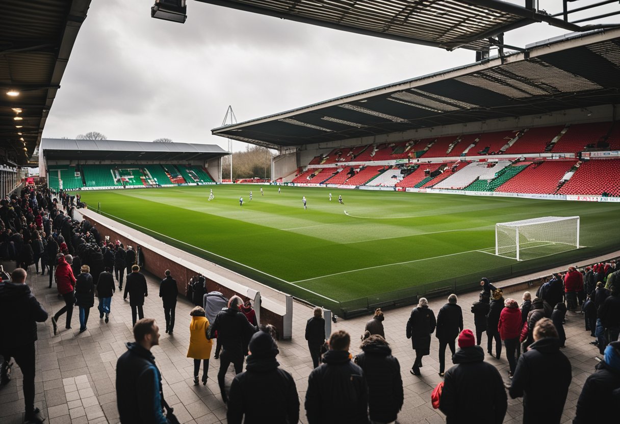 The stadium and facilities of Wrexham FC are bustling with activity, with fans entering the gates and vendors setting up for the game