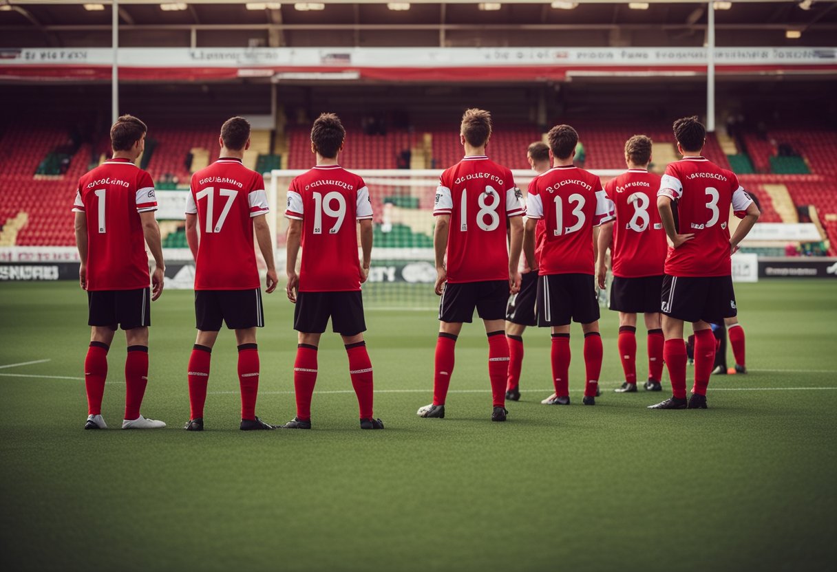 A soccer field with players in red and white jerseys, a scoreboard displaying league position, and a banner reading "Wrexham FC."