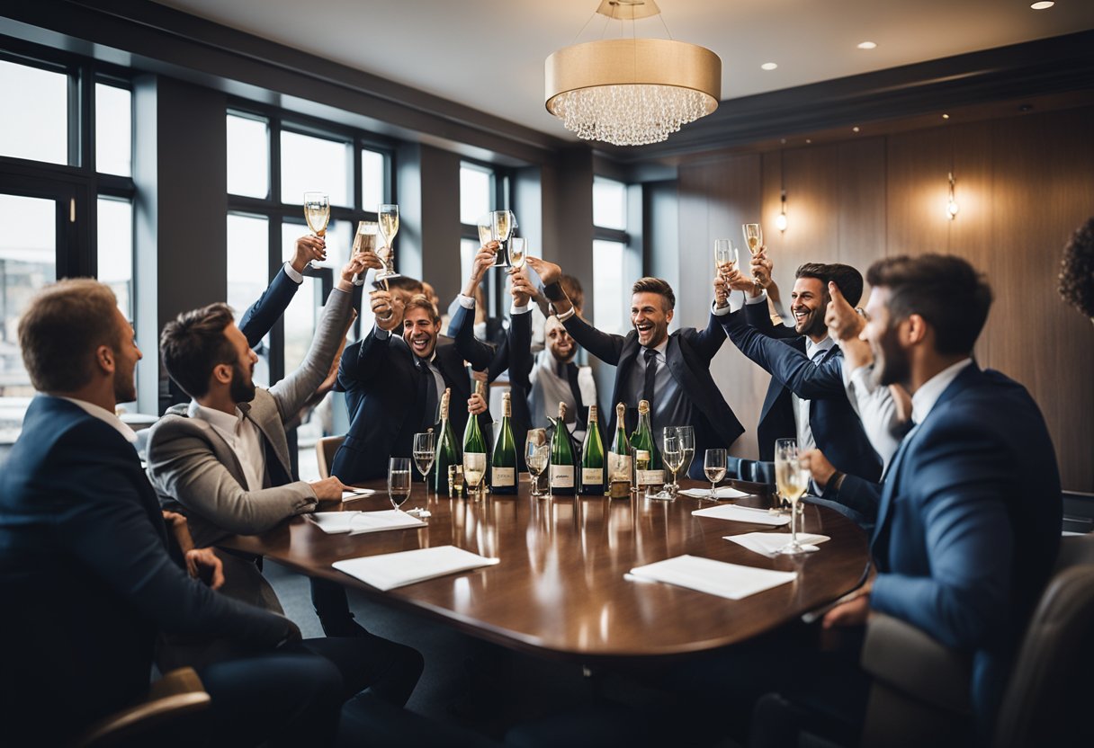 A group of investors celebrate with champagne in a boardroom, holding up the Wrexham Football Club crest