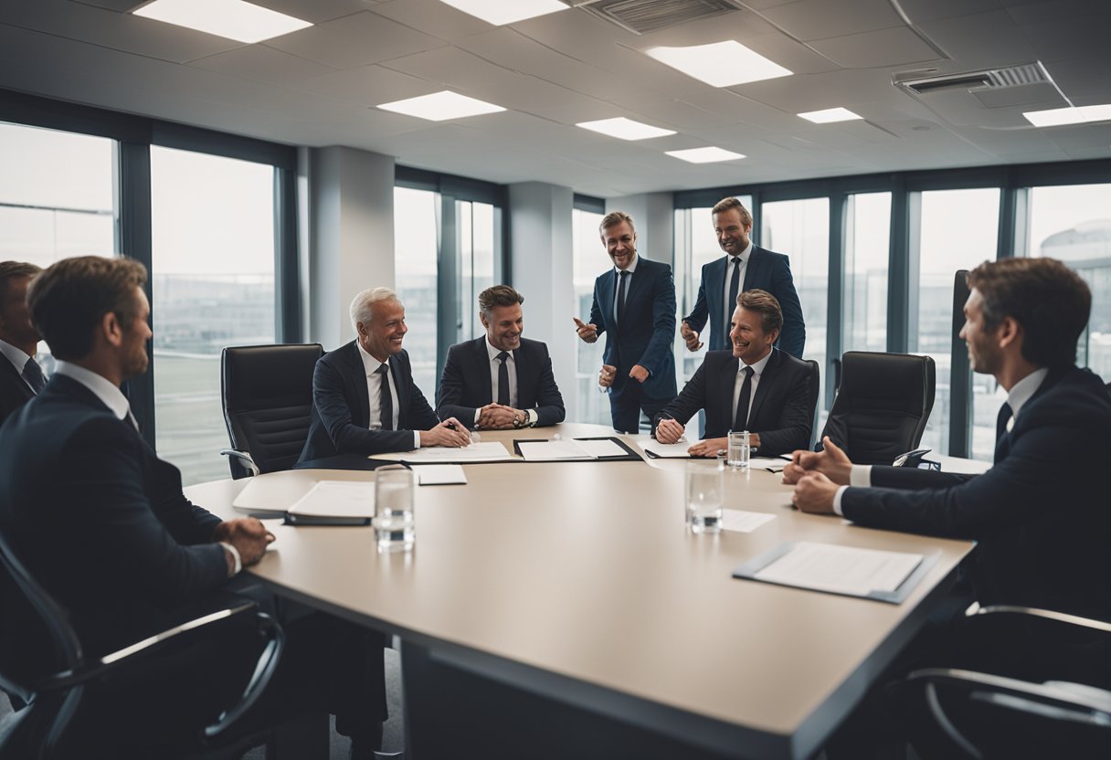 A group of investors gather in a boardroom, signing documents and shaking hands, finalizing the ownership of Wrexham Football Club
