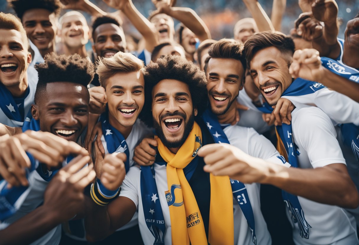 A group of people celebrating with a soccer ball and a team scarf