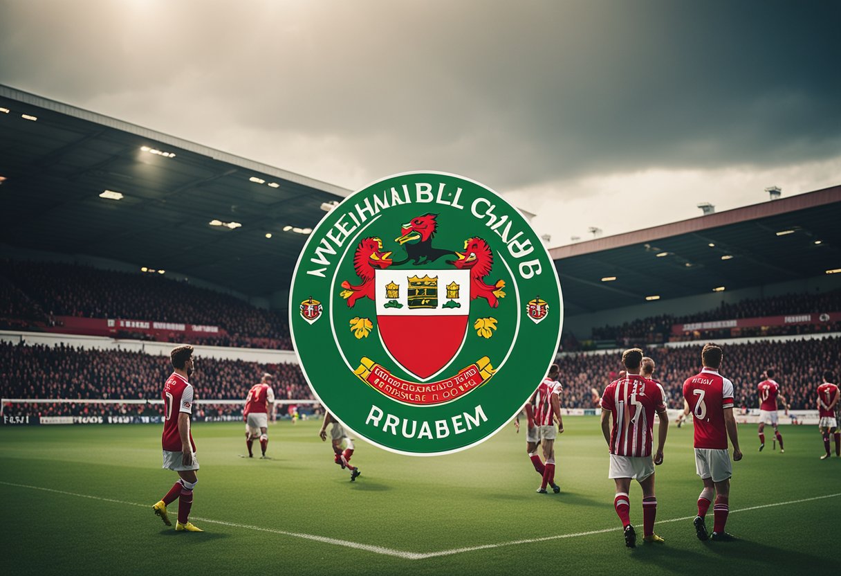 A celebratory crowd surrounds the Wrexham Football Club crest, while a group of players faces off against a formidable opponent on the field
