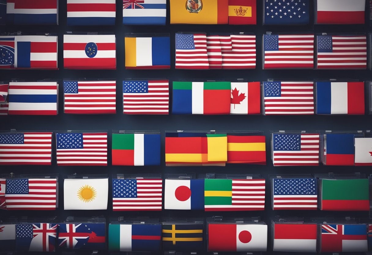 A series of flags representing different countries, each flag planted in a pile of Treasury securities, symbolizing the ownership of US debt