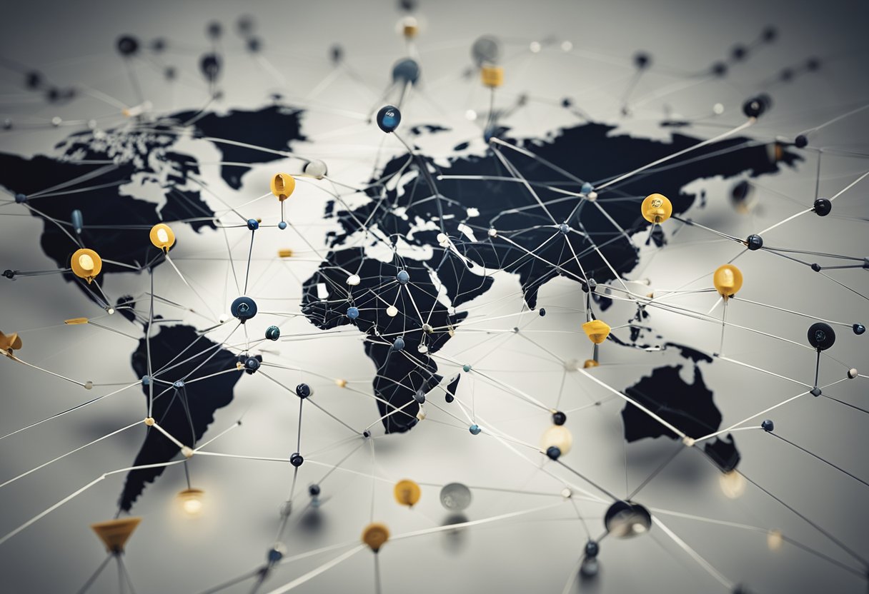 A network of interconnected arrows pointing from various countries to a central hub, representing the flow of debt ownership