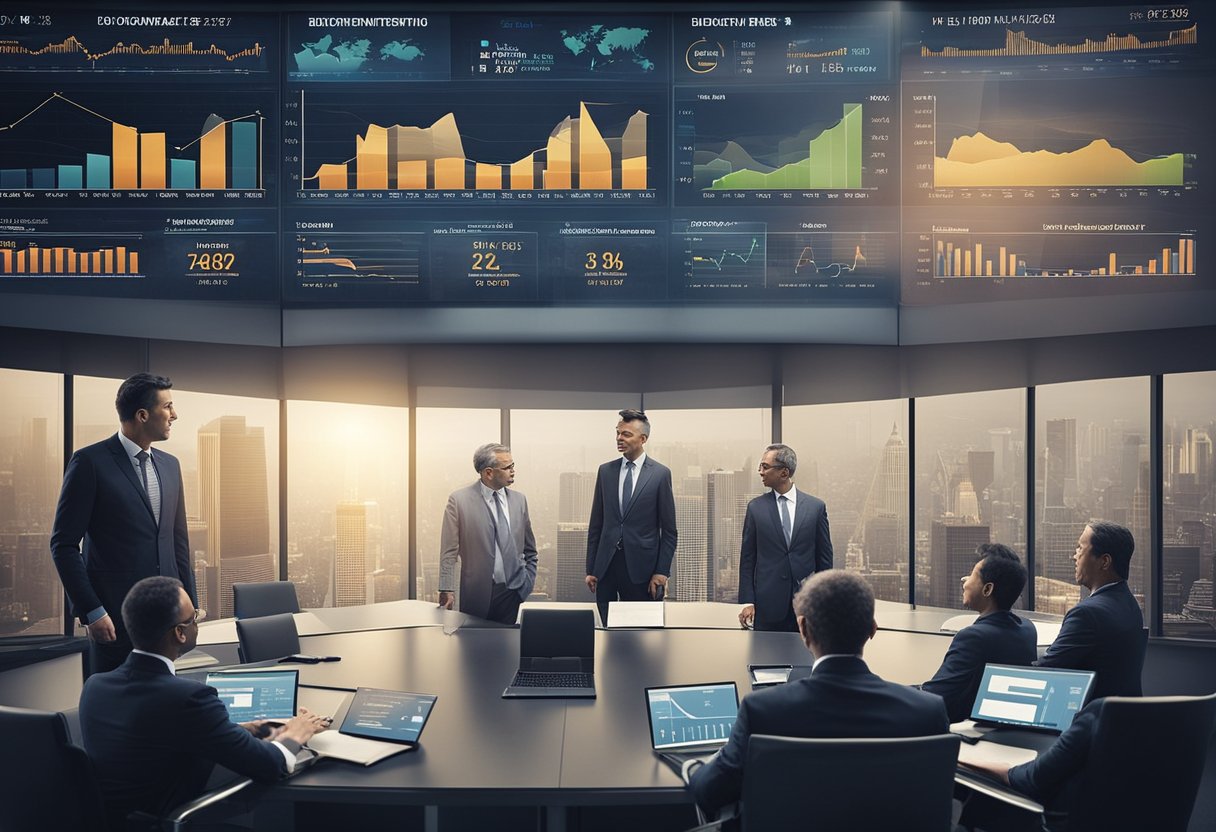 A government building with officials discussing budget and debt issuance, while charts and graphs are displayed on screens