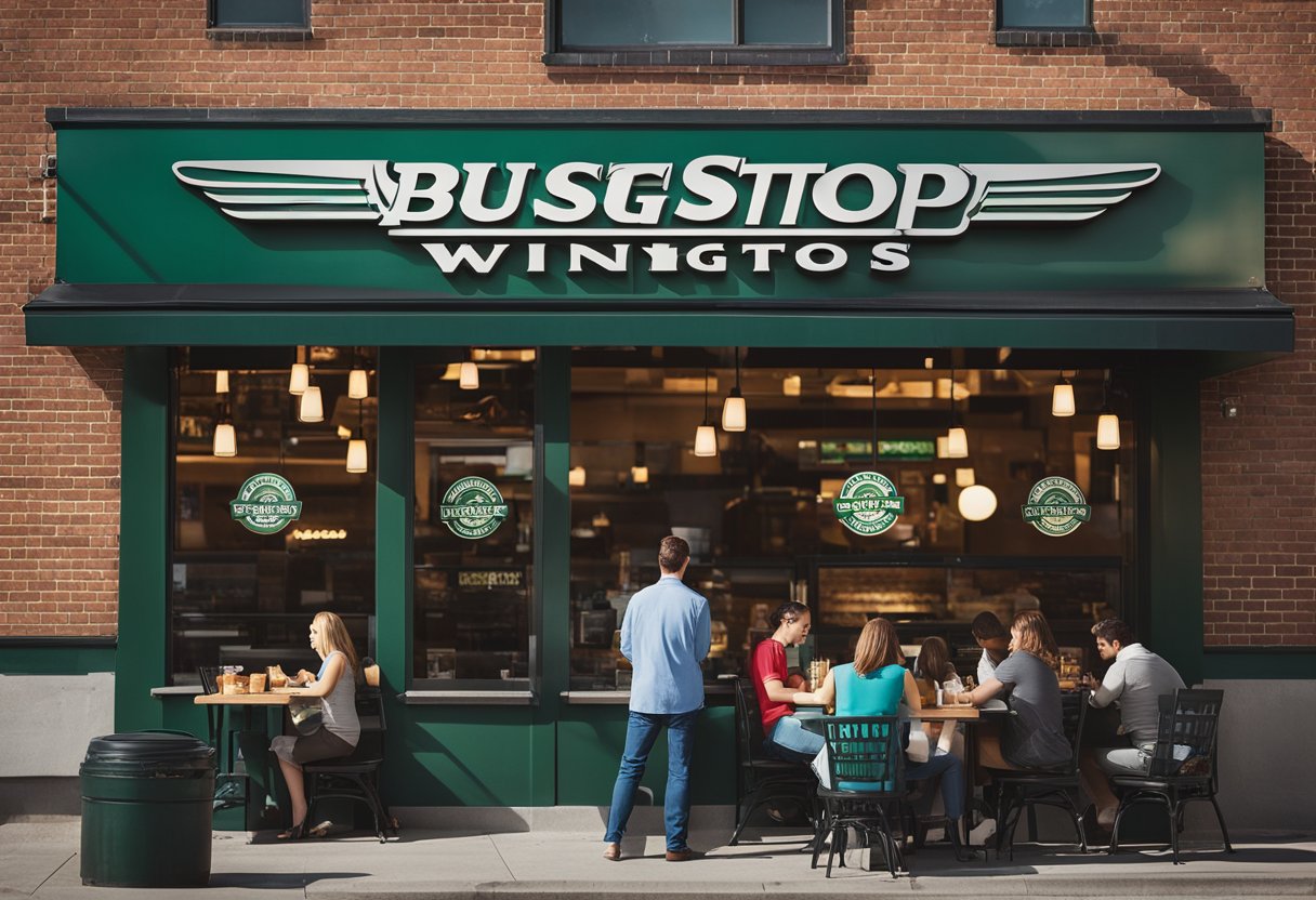 A bustling Wingstop restaurant with the Operational Insights logo displayed prominently on the front window. Customers enjoying their meals inside