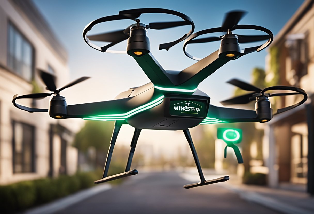 A futuristic drone delivers a Wingstop order to a customer's doorstep, showcasing the intersection of technology and innovation in the food industry
