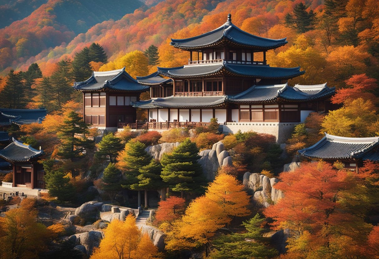 A colorful autumn landscape with traditional Korean architecture nestled among vibrant trees and a clear blue sky