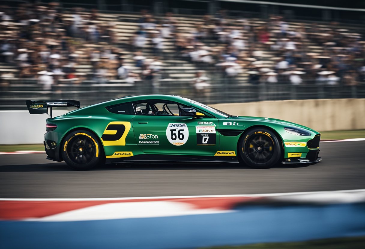 An Aston Martin race car speeds around a track, with a crowd watching from the stands. The car's logo is prominently displayed on the vehicle