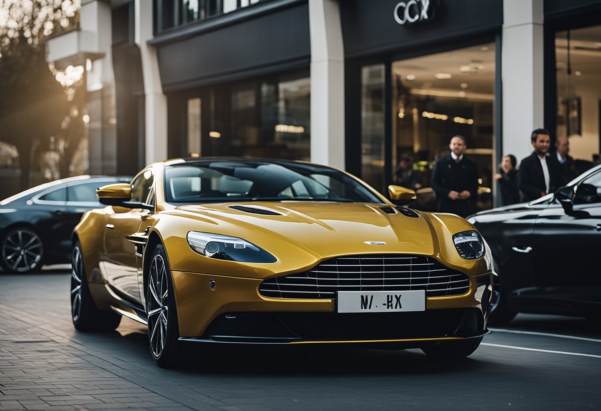 An Aston Martin parked in front of a luxury car showroom, surrounded by admiring onlookers and photographers