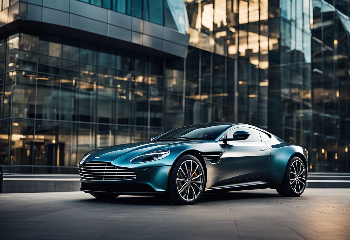 A sleek Aston Martin parked in a futuristic city, surrounded by advanced technology and clean, modern architecture