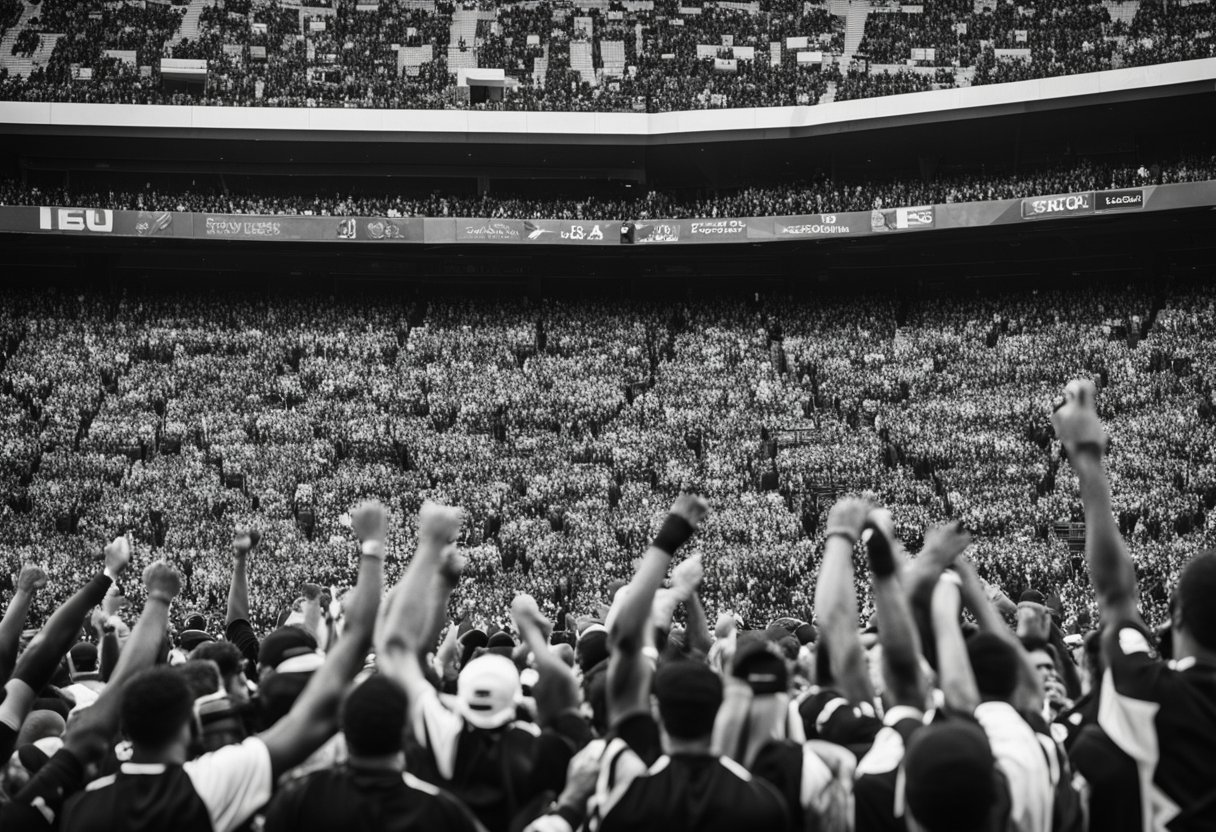 A stadium filled with cheering fans, waving flags and wearing team colors, as players in black and white jerseys celebrate a victory on the field