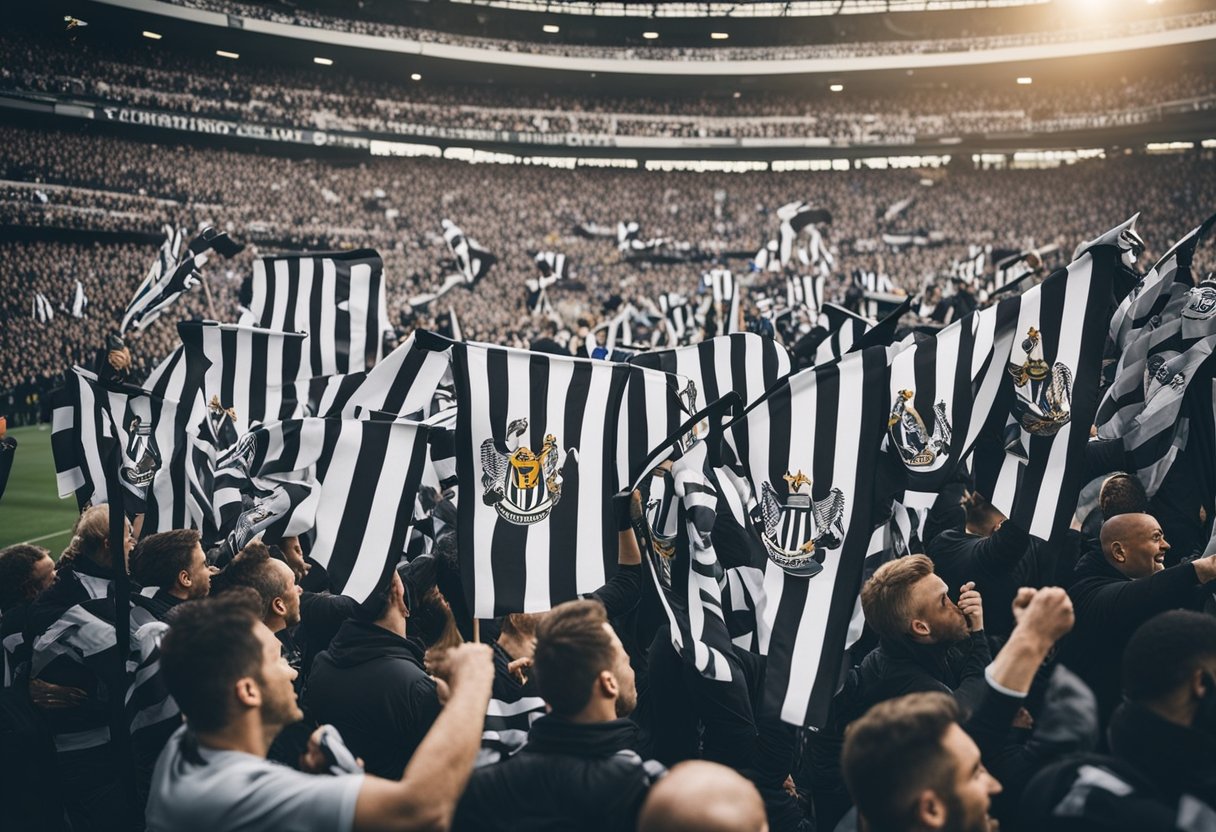 Fans celebrating with flags and scarves at a packed stadium, cheering for Newcastle United
