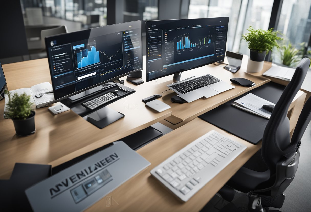 A modern office desk with two large investment company logos on separate computer screens