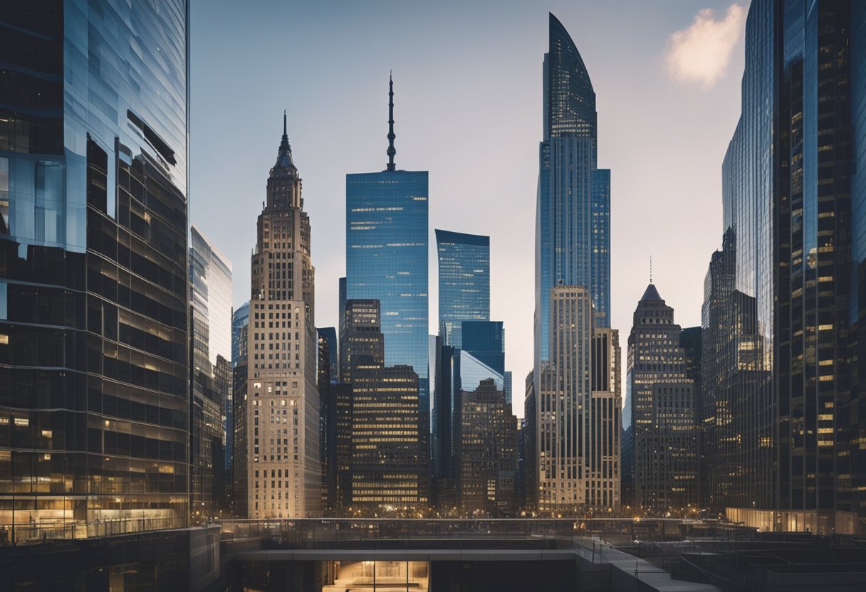 A bustling financial district with towering skyscrapers, where the headquarters of BlackRock and Vanguard stand as symbols of institutional investing power