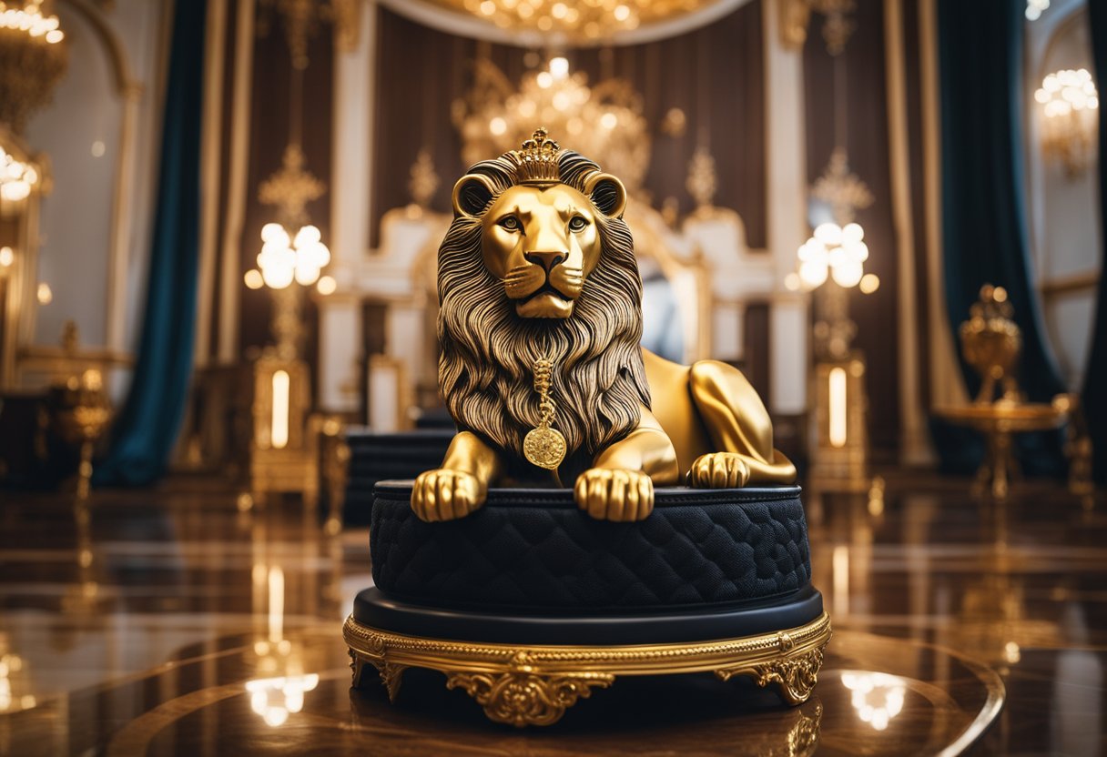 A regal lion holds a golden remote control, surrounded by a luxurious throne and opulent decor