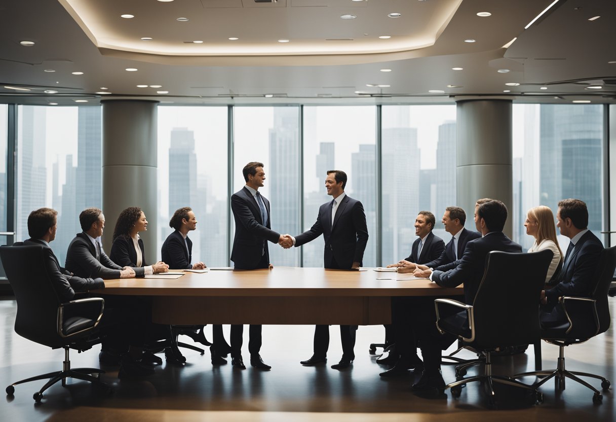 A group of corporate executives shaking hands and exchanging documents in a boardroom, with the HBO logo displayed prominently in the background