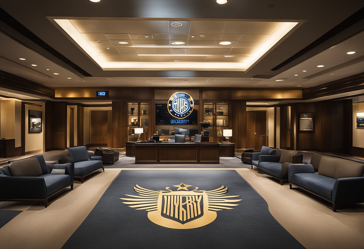 A grand office with the Warner Bros. Discovery logo displayed prominently, symbolizing leadership and ownership of HBO