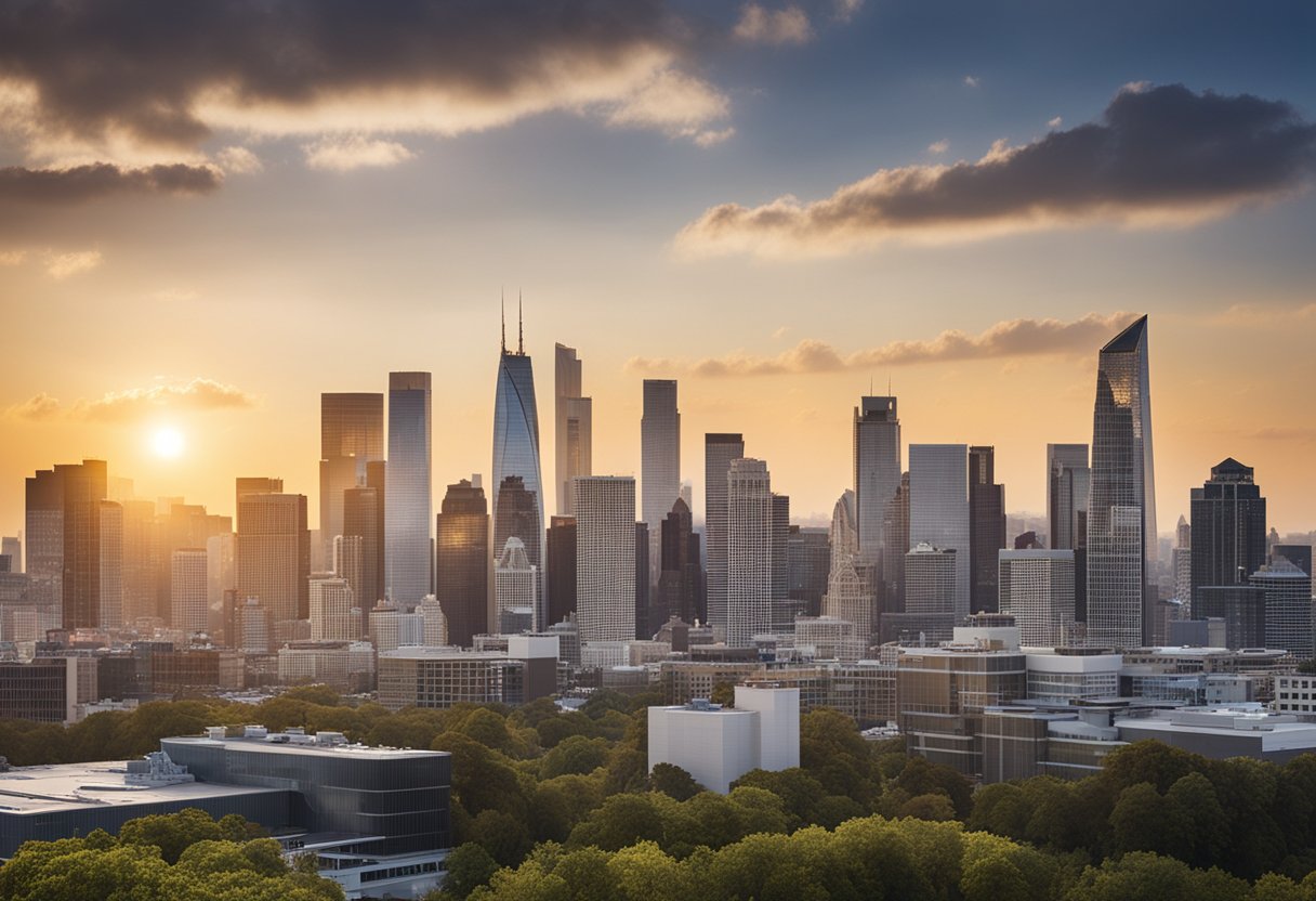 A bustling city skyline with prominent HBO headquarters and financial charts in the background