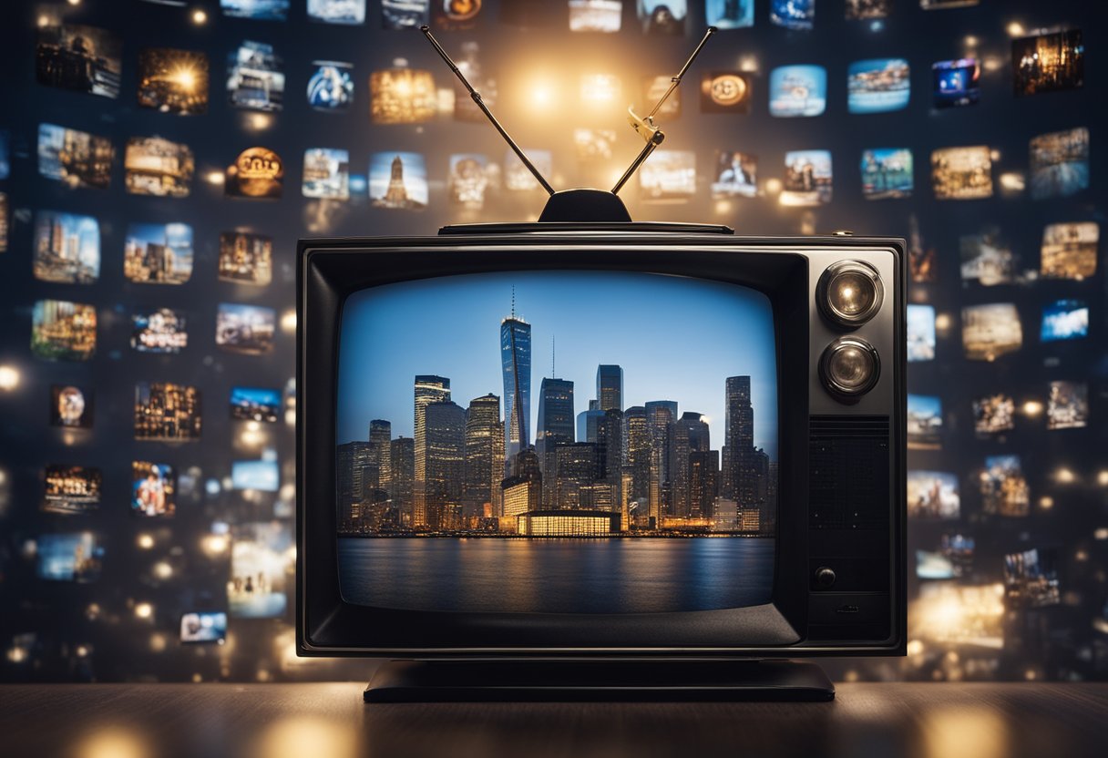 A spotlight shines on a TV screen displaying iconic HBO shows, surrounded by diverse cultural symbols and landmarks