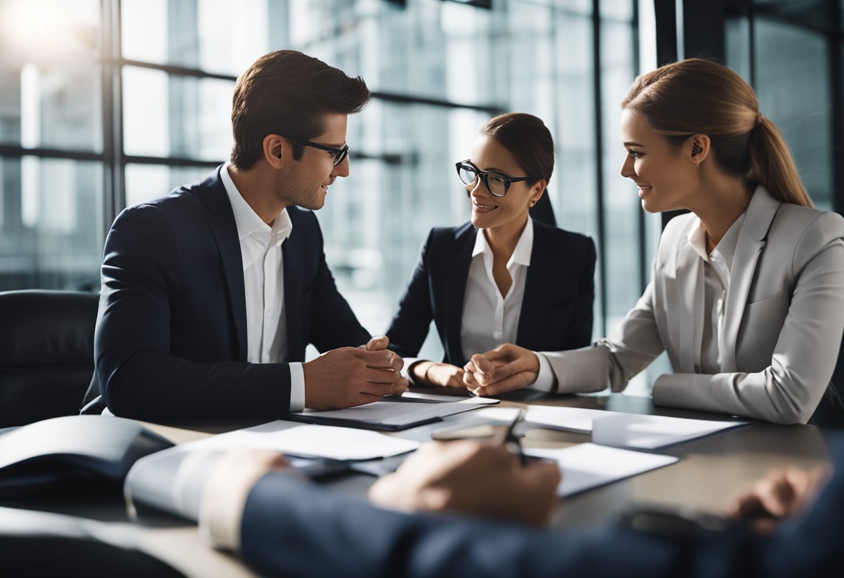 A group of people in business attire discussing legal documents and intellectual property ownership