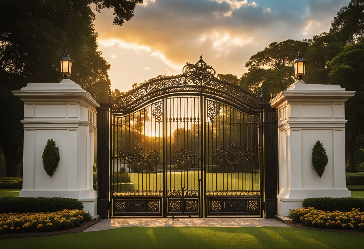 Graceland's iconic gates stand tall, flanked by lush greenery and a grand mansion in the background. The sun sets behind the estate, casting a warm glow over the entire scene