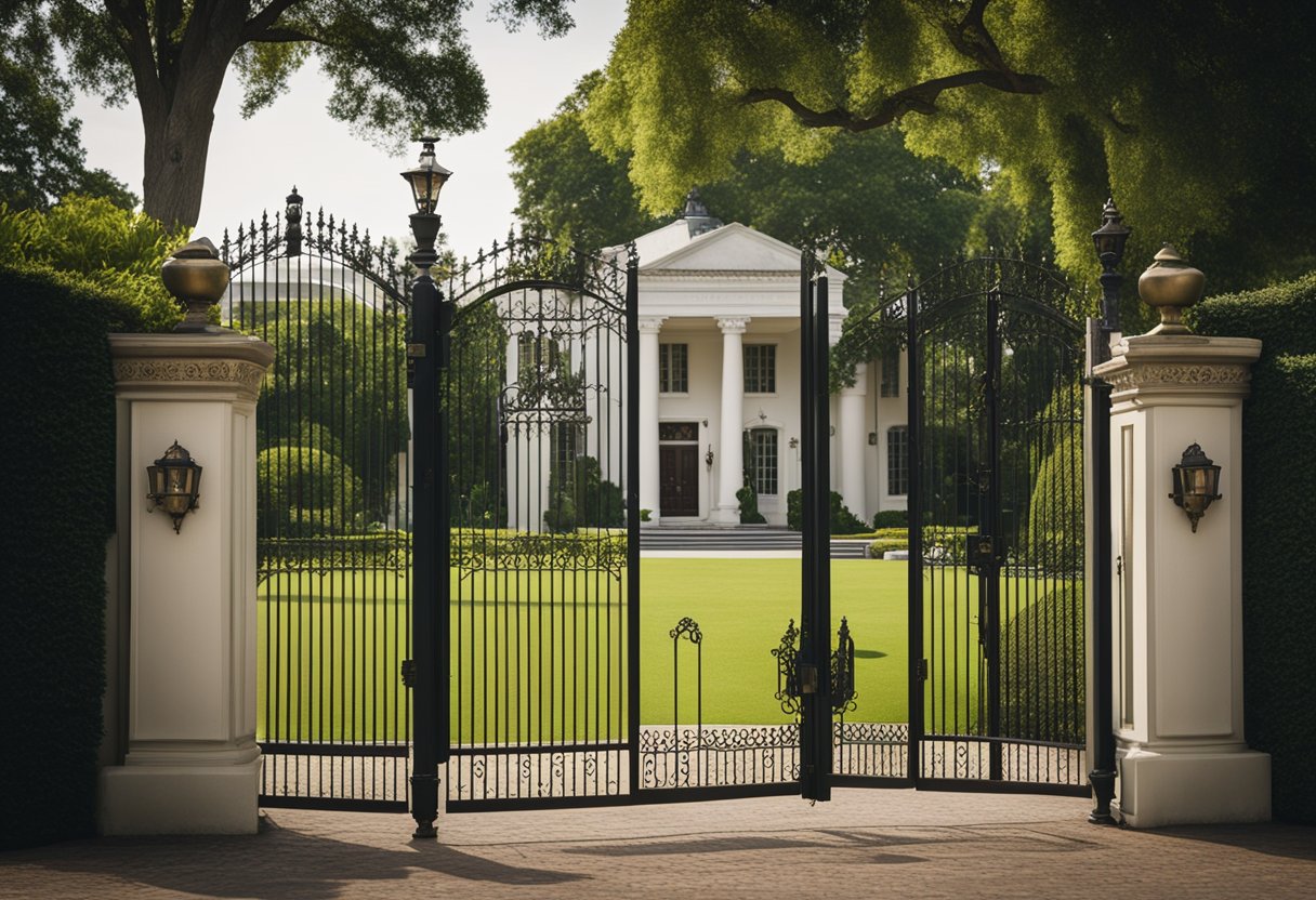 A grand mansion surrounded by lush gardens and a wrought-iron gate, with a large, white-columned entrance bearing the name "Graceland."