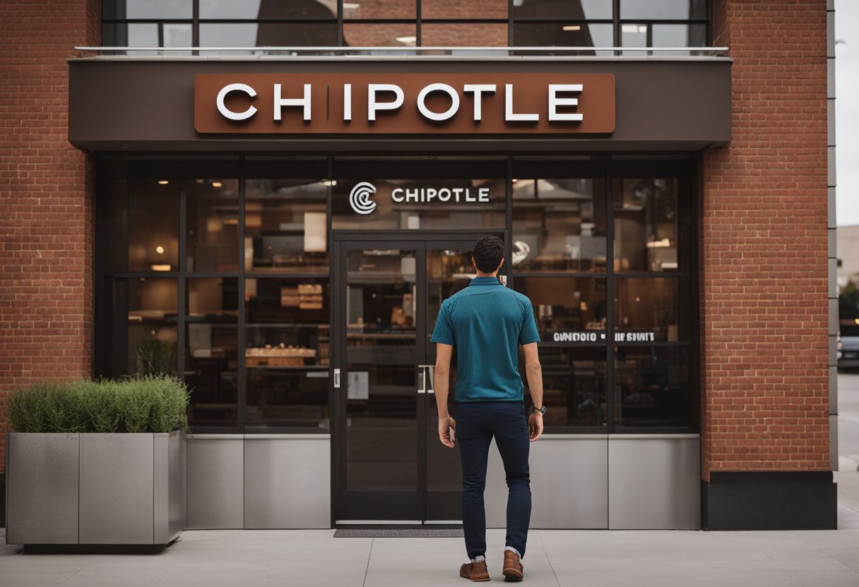 A person standing in front of a Chipotle restaurant with a sign displaying the company's logo