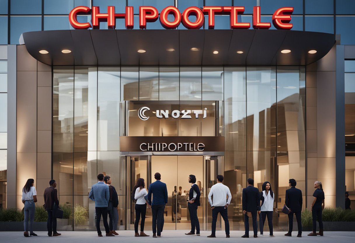 A group of people standing around a large, modern building with the word "Chipotle" displayed prominently on the exterior. A figure at the front of the group appears to be in charge