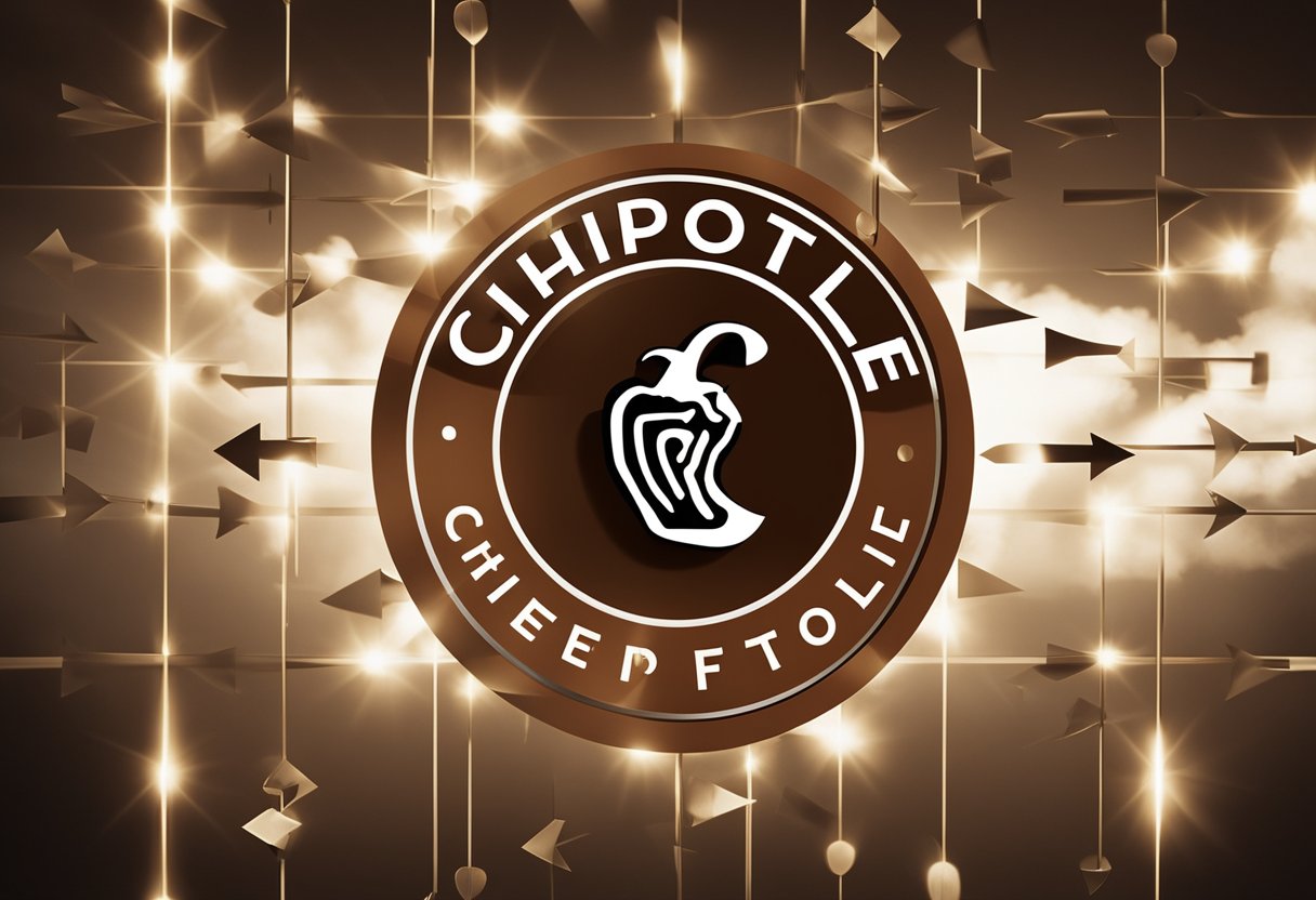 The Chipotle logo displayed on a timeline, with arrows pointing upwards to symbolize growth and success